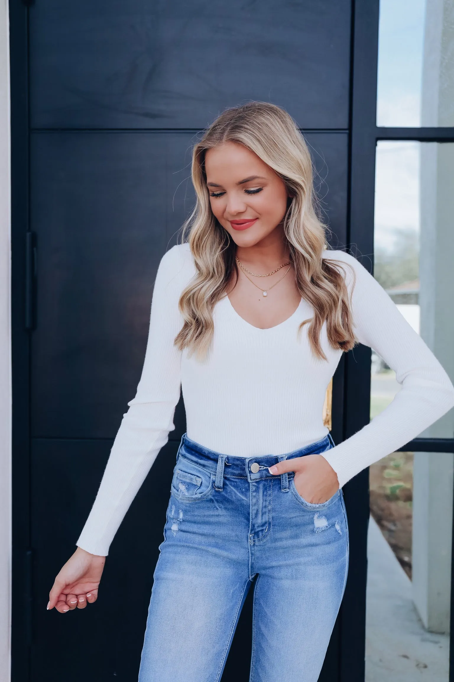 Charlene Collared V Neck Fitted Bodysuit - Ivory