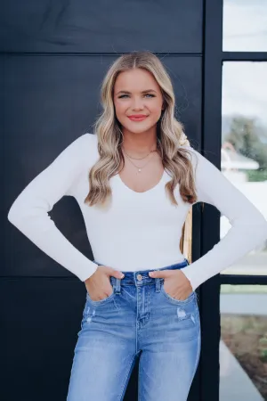Charlene Collared V Neck Fitted Bodysuit - Ivory