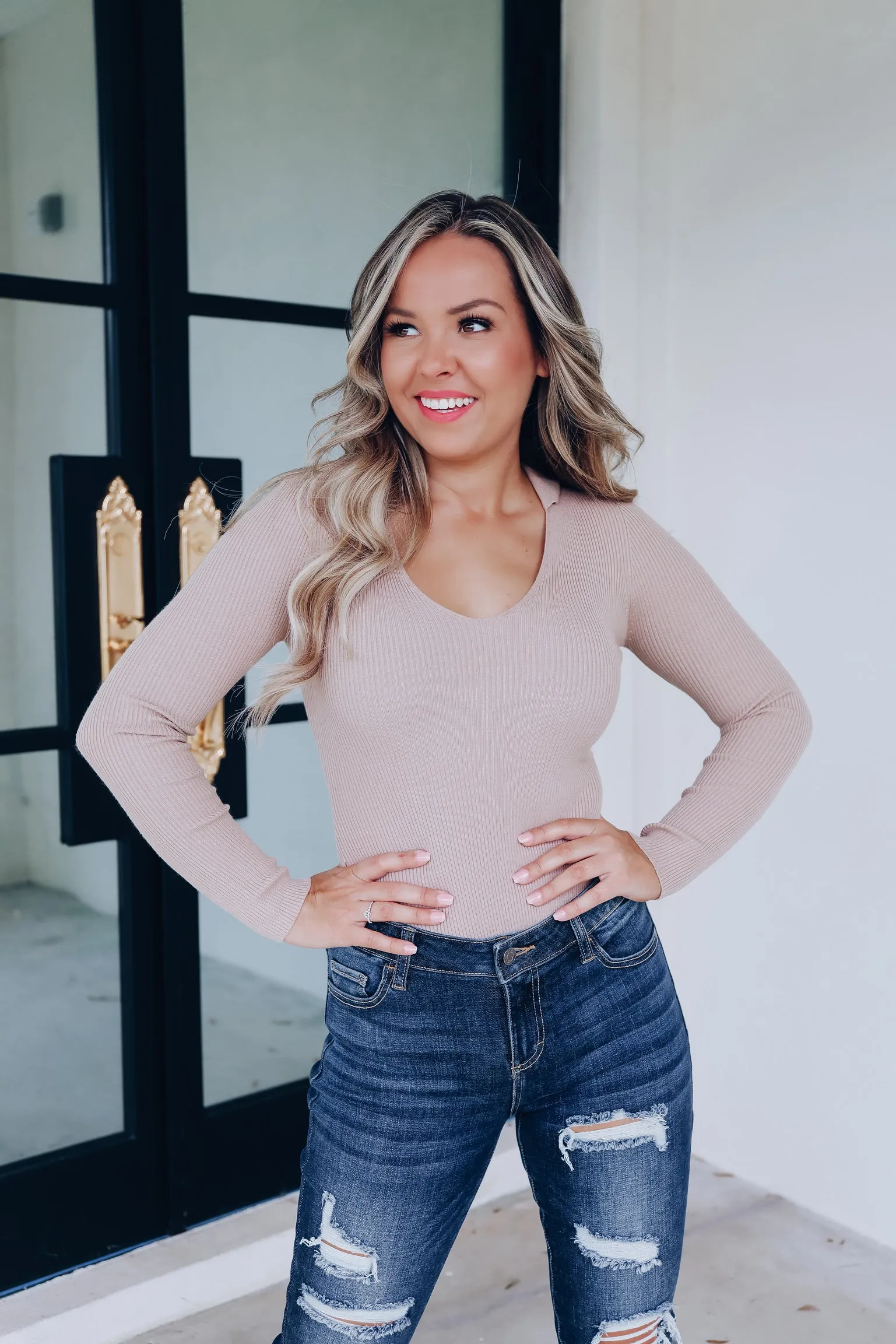 Charlene Collared V Neck Fitted Bodysuit - Tan