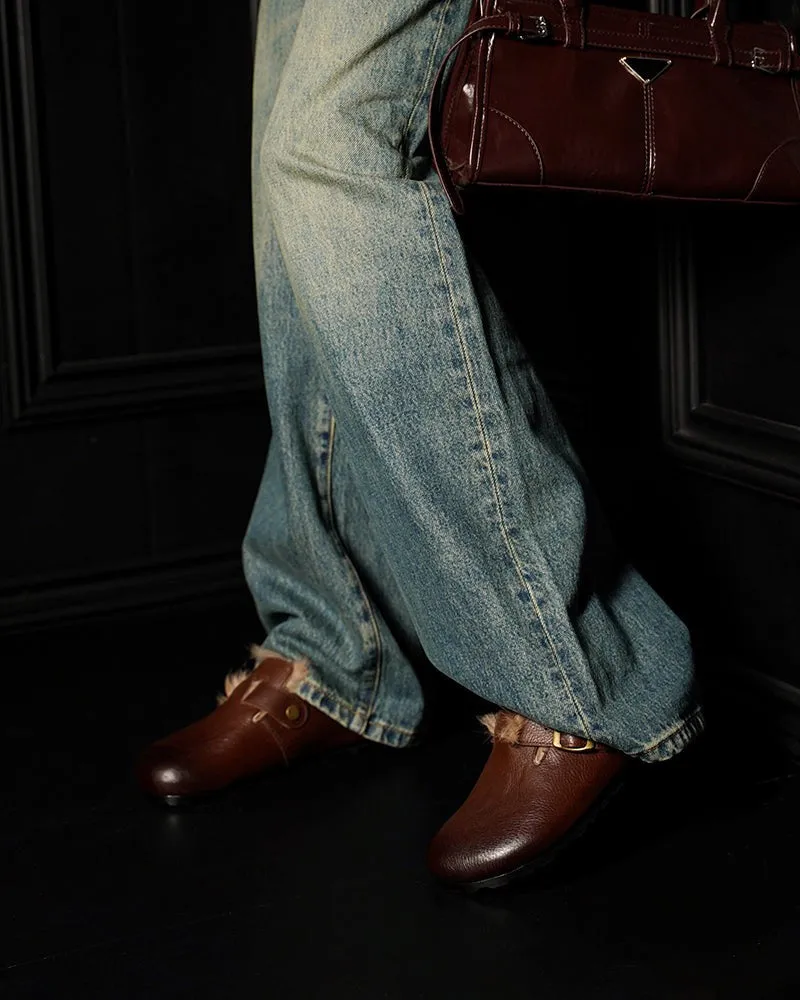 Charm Retro Wool Lining Leather Backness Mules