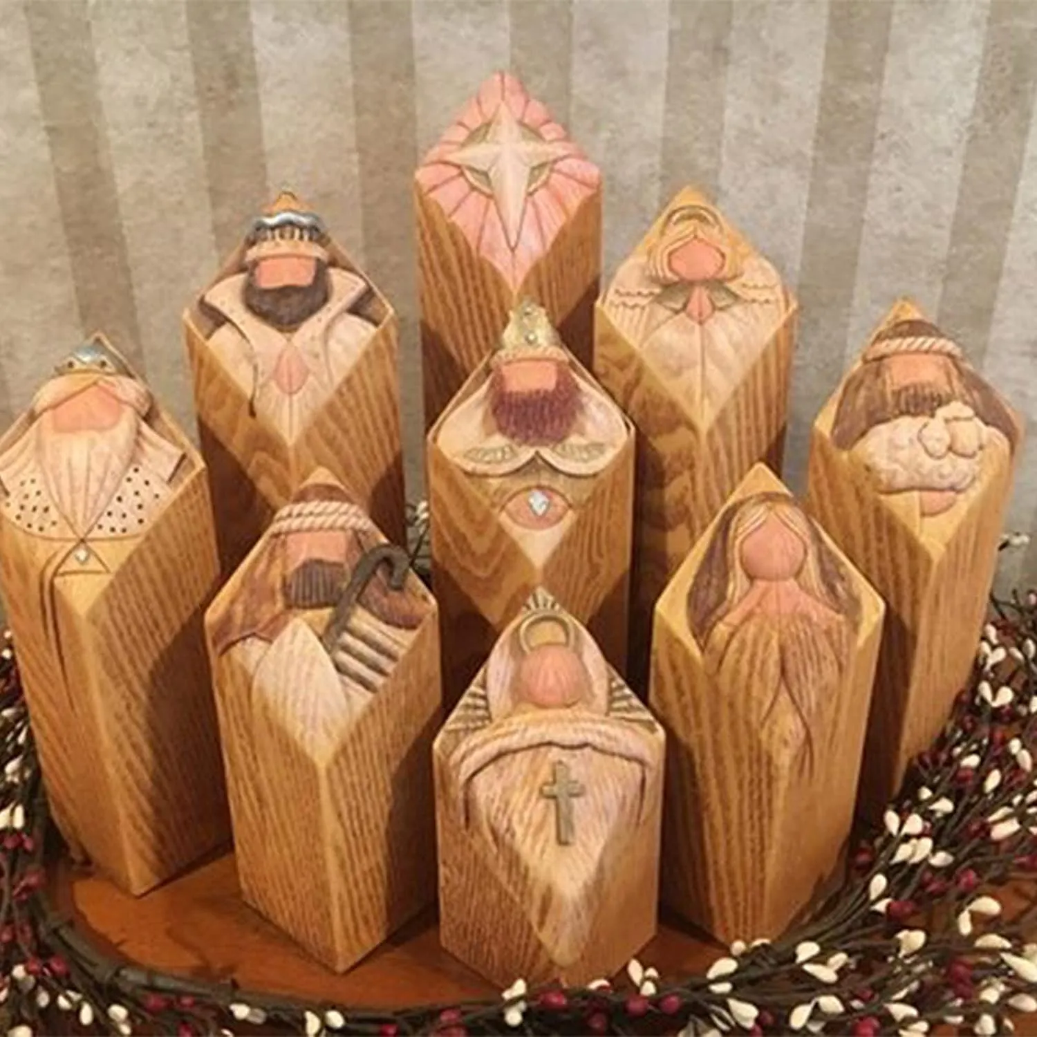 Christianartbag Home Decor, Heaven Nativity Tree Pillar Statues 9 Pcs Set of Wooden Collection Figurines of Pillars of Nativity Setcolumn Statues Decoration