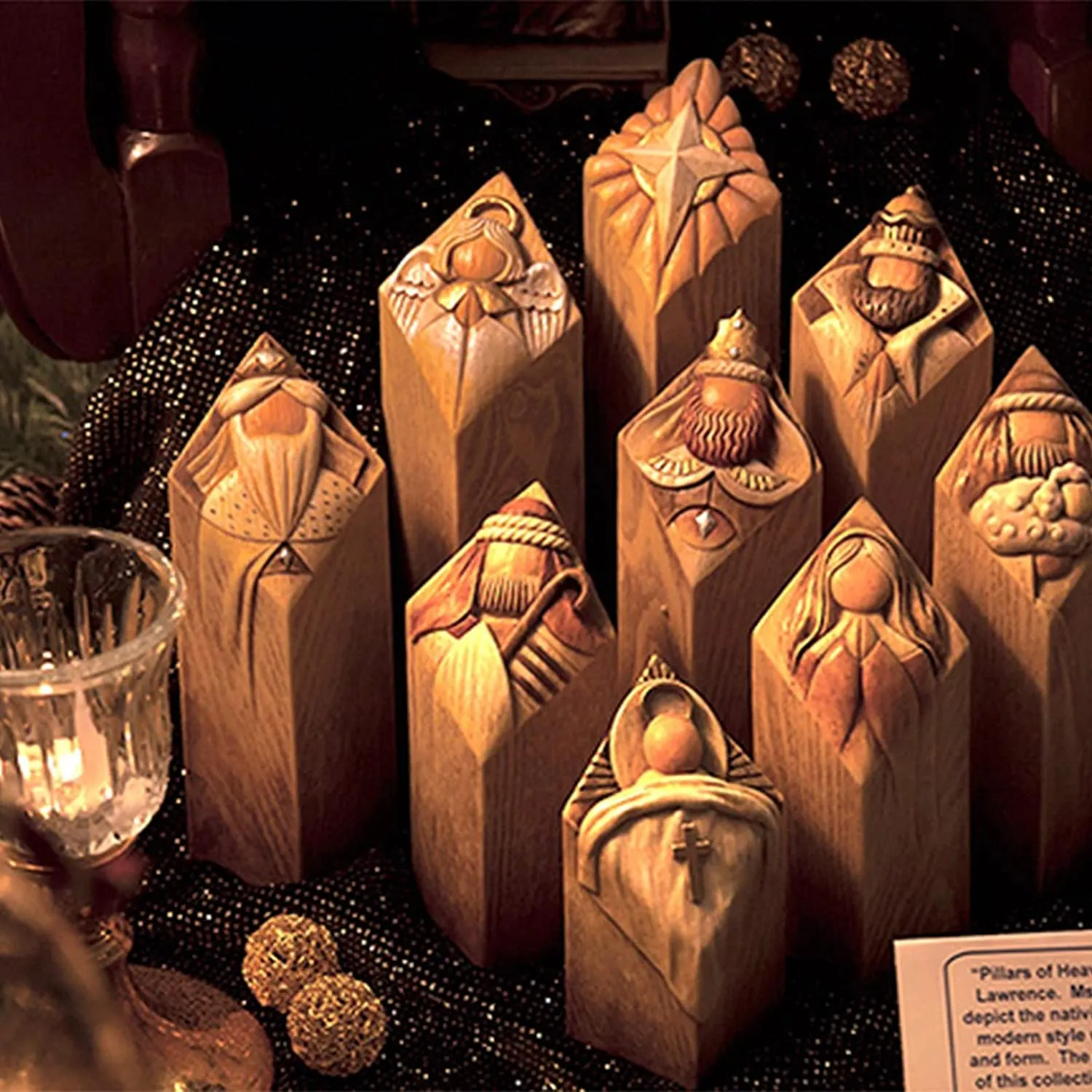 Christianartbag Home Decor, Heaven Nativity Tree Pillar Statues 9 Pcs Set of Wooden Collection Figurines of Pillars of Nativity Setcolumn Statues Decoration