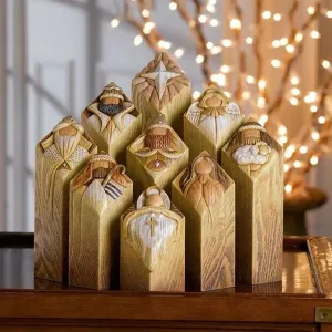 Christianartbag Home Decor, Heaven Nativity Tree Pillar Statues 9 Pcs Set of Wooden Collection Figurines of Pillars of Nativity Setcolumn Statues Decoration
