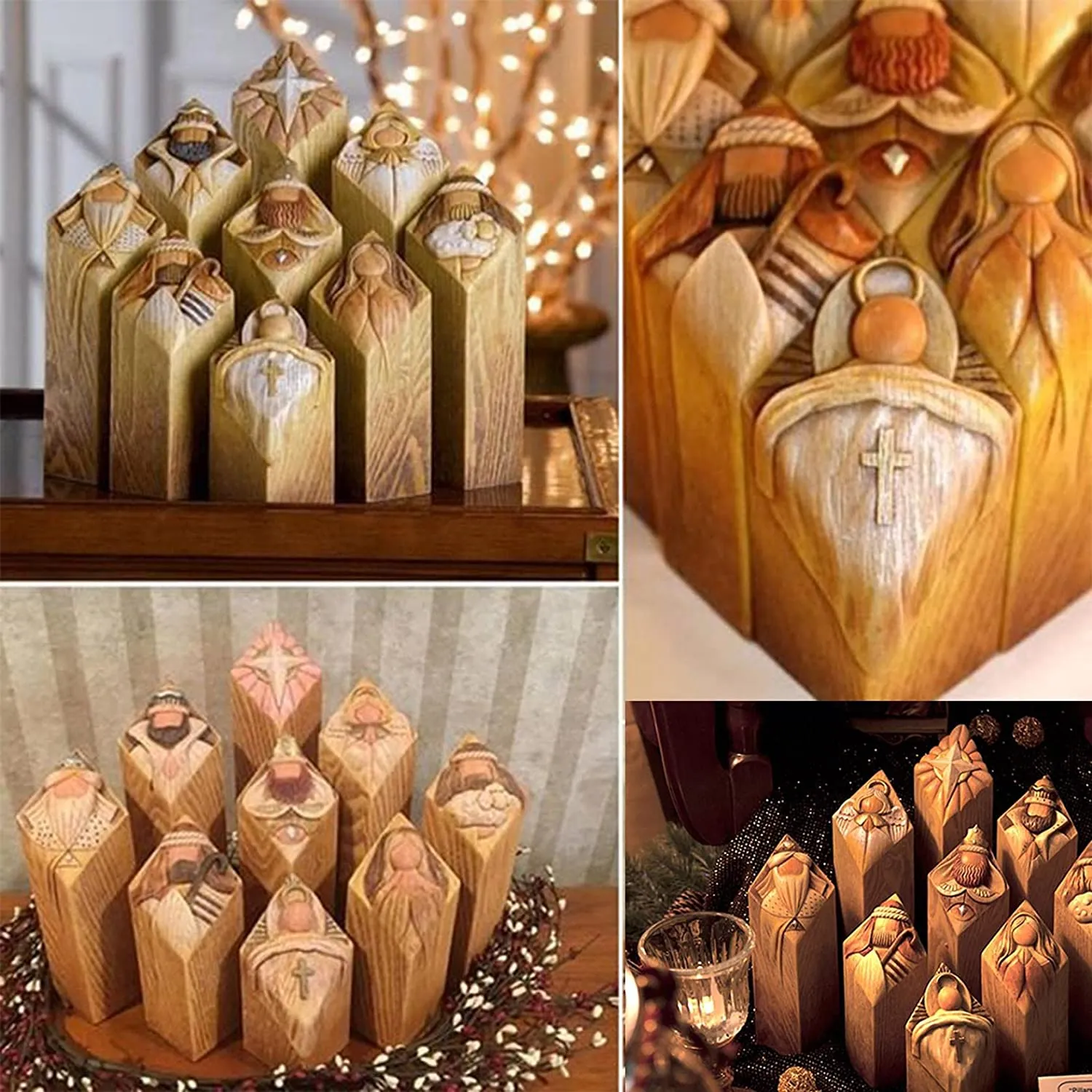 Christianartbag Home Decor, Heaven Nativity Tree Pillar Statues 9 Pcs Set of Wooden Collection Figurines of Pillars of Nativity Setcolumn Statues Decoration