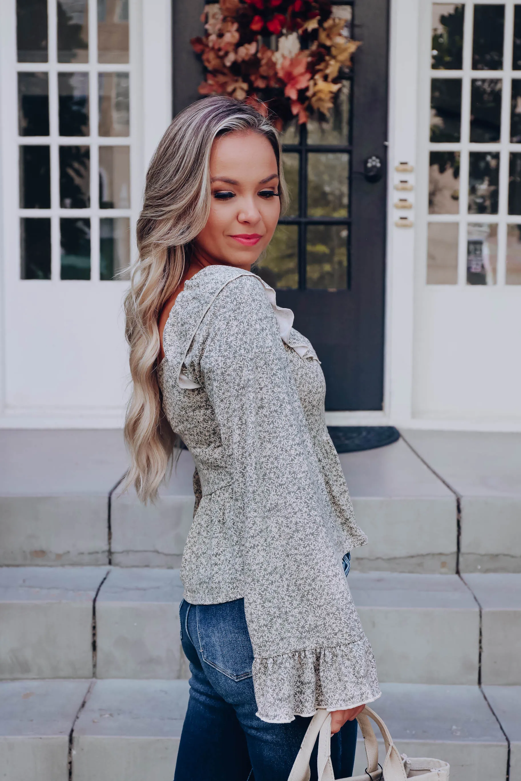Country Garden Ruffle Neck Top - Olive/Ivory