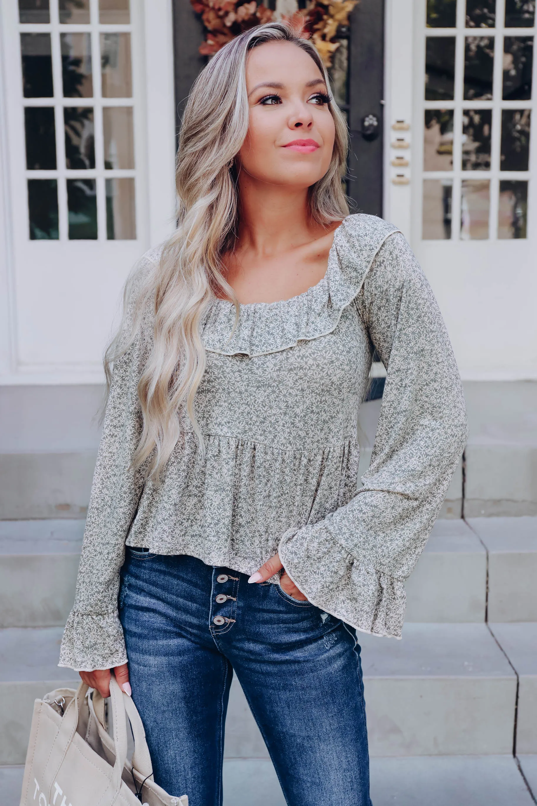 Country Garden Ruffle Neck Top - Olive/Ivory