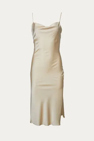 COWL HIGH-SLIT SATIN SLIP DRESS