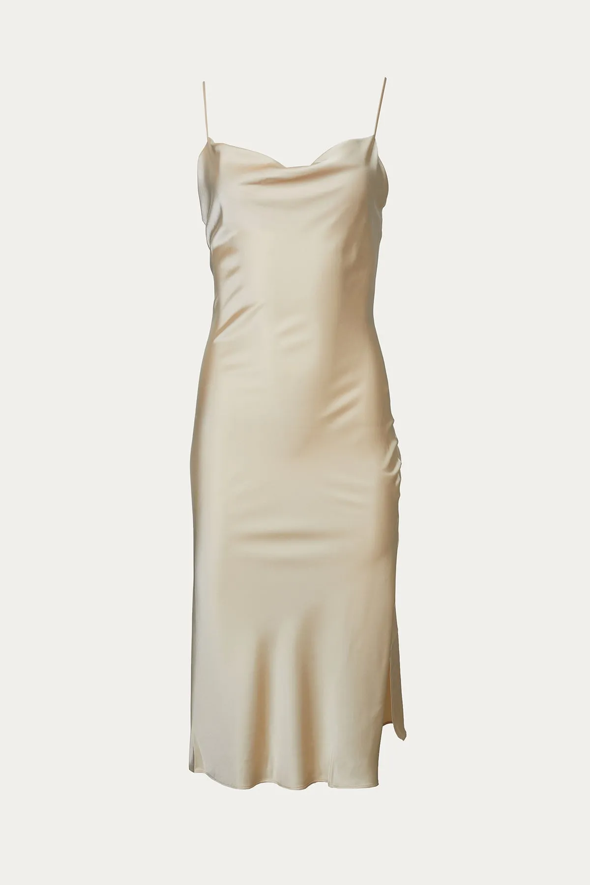 COWL HIGH-SLIT SATIN SLIP DRESS