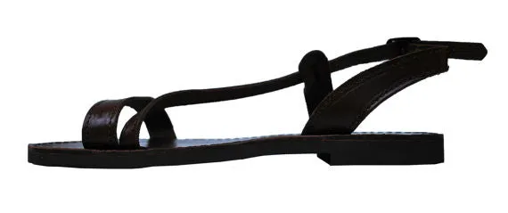 Dark brown leather sole Niki fashion sandals with wide front strap.