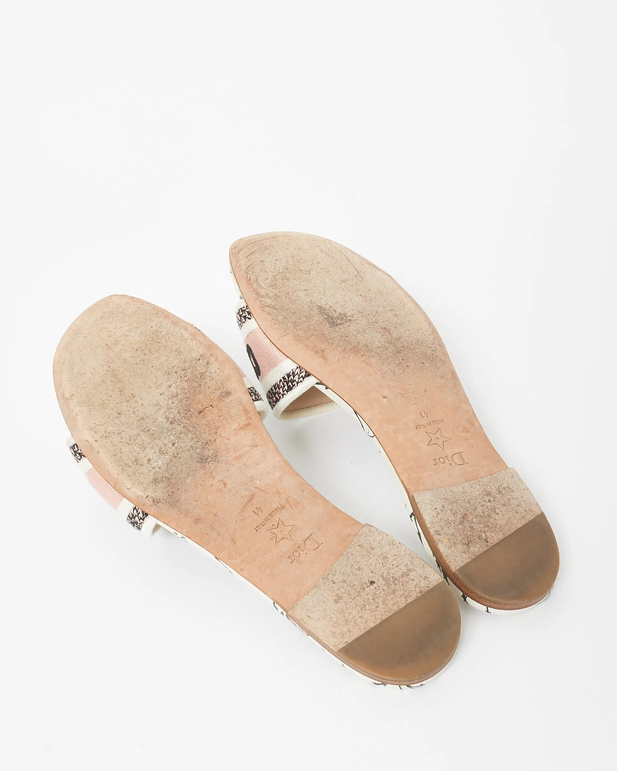 Dior White & Pink Floral Logo Embroidered D Way Slide - 41