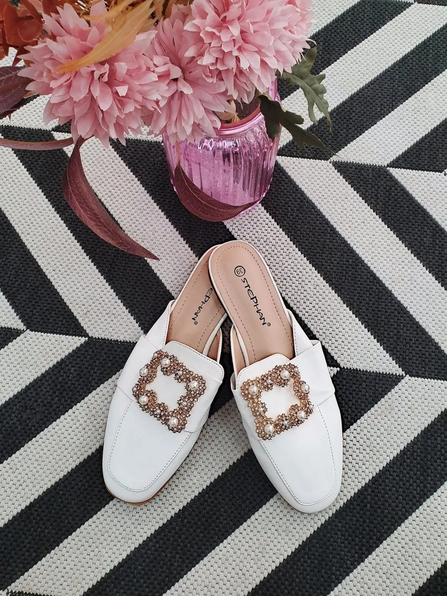 DMB White Embellished Mules