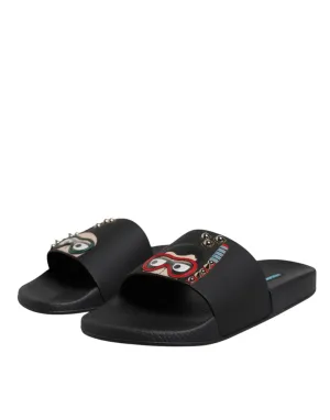 Dolce&Gabbana Men Black Sandals Leather Divers Print Flat Beachwear Slide Shoes