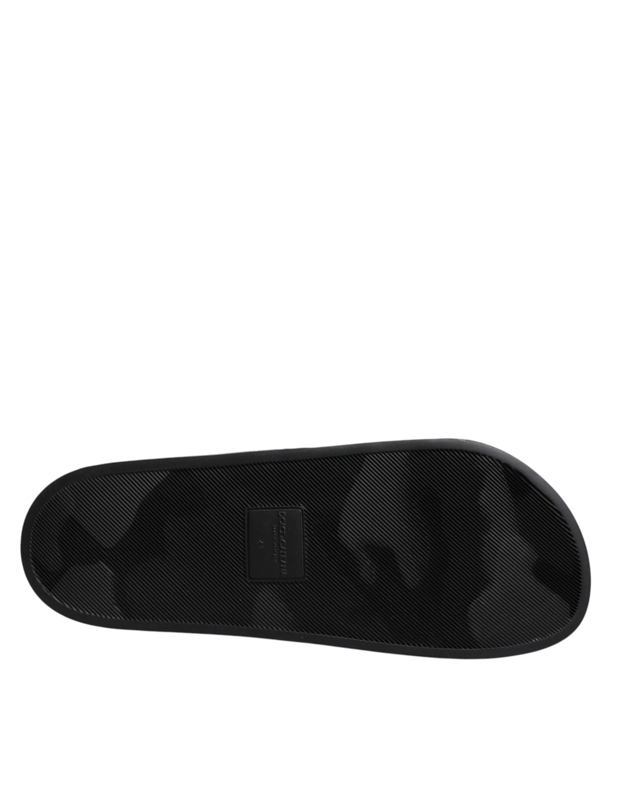 Dolce&Gabbana Men Black Sandals Leather Divers Print Flat Beachwear Slide Shoes