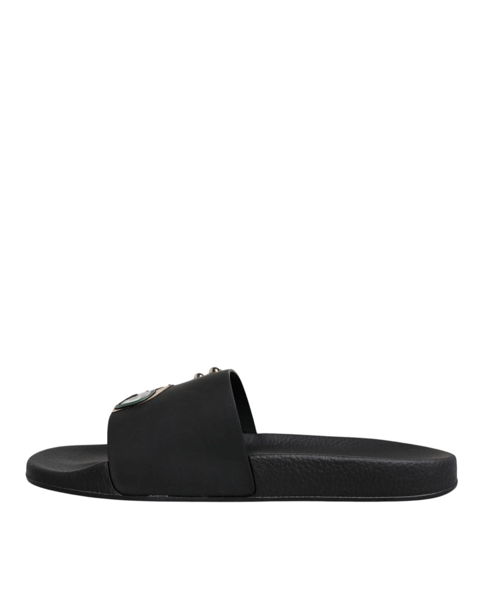 Dolce&Gabbana Men Black Sandals Leather Divers Print Flat Beachwear Slide Shoes