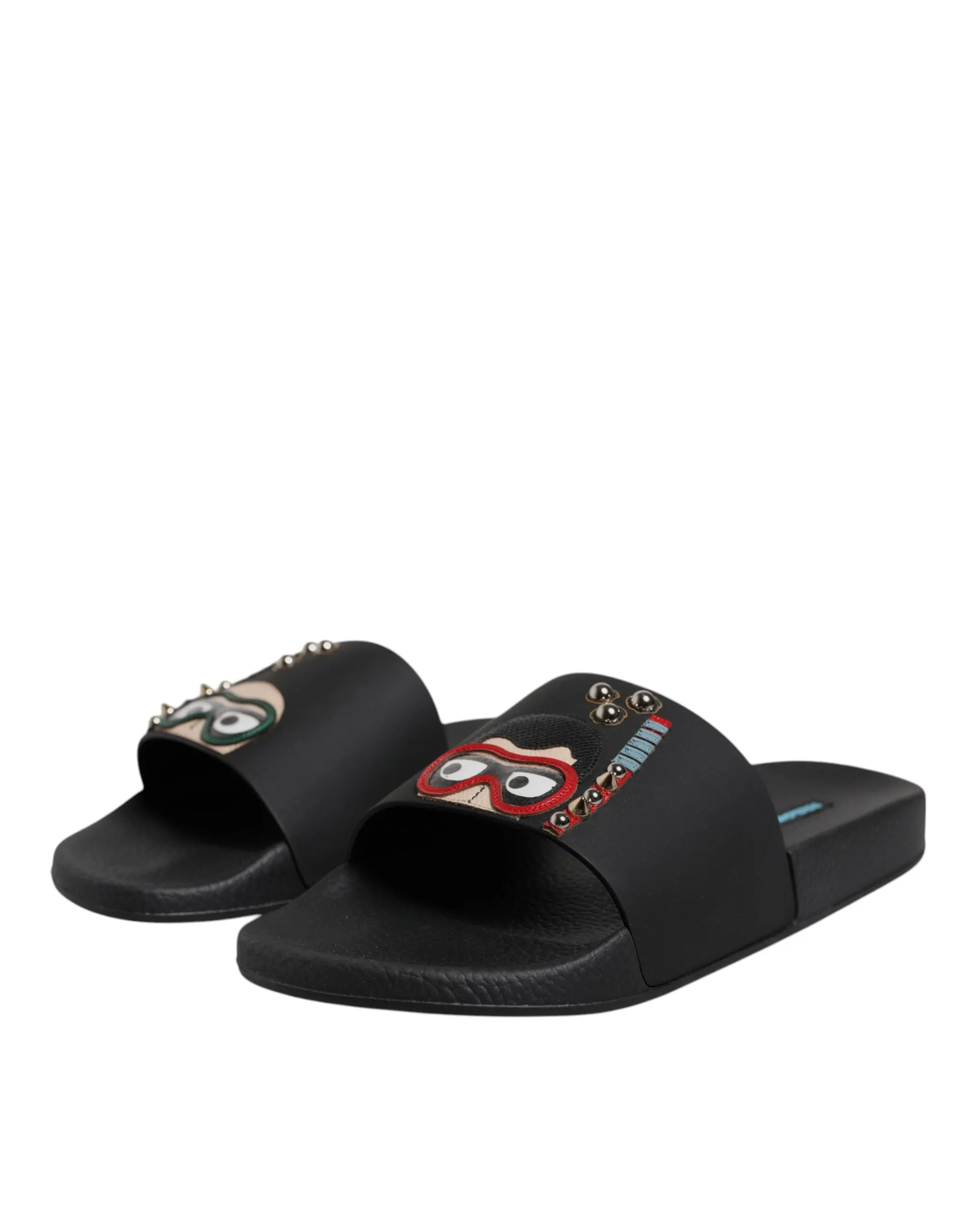 Dolce&Gabbana Men Black Sandals Leather Divers Print Flat Beachwear Slide Shoes