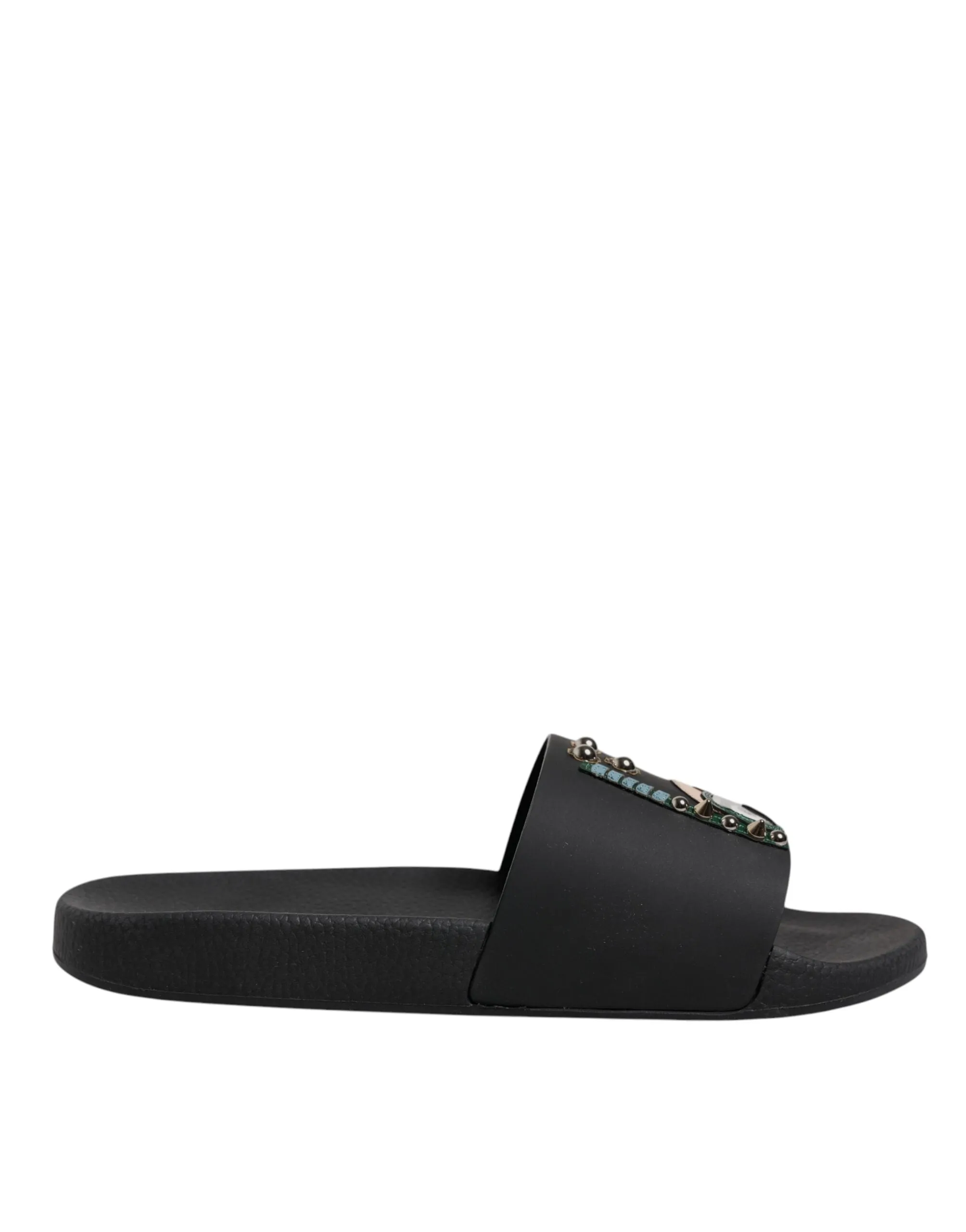 Dolce&Gabbana Men Black Sandals Leather Divers Print Flat Beachwear Slide Shoes