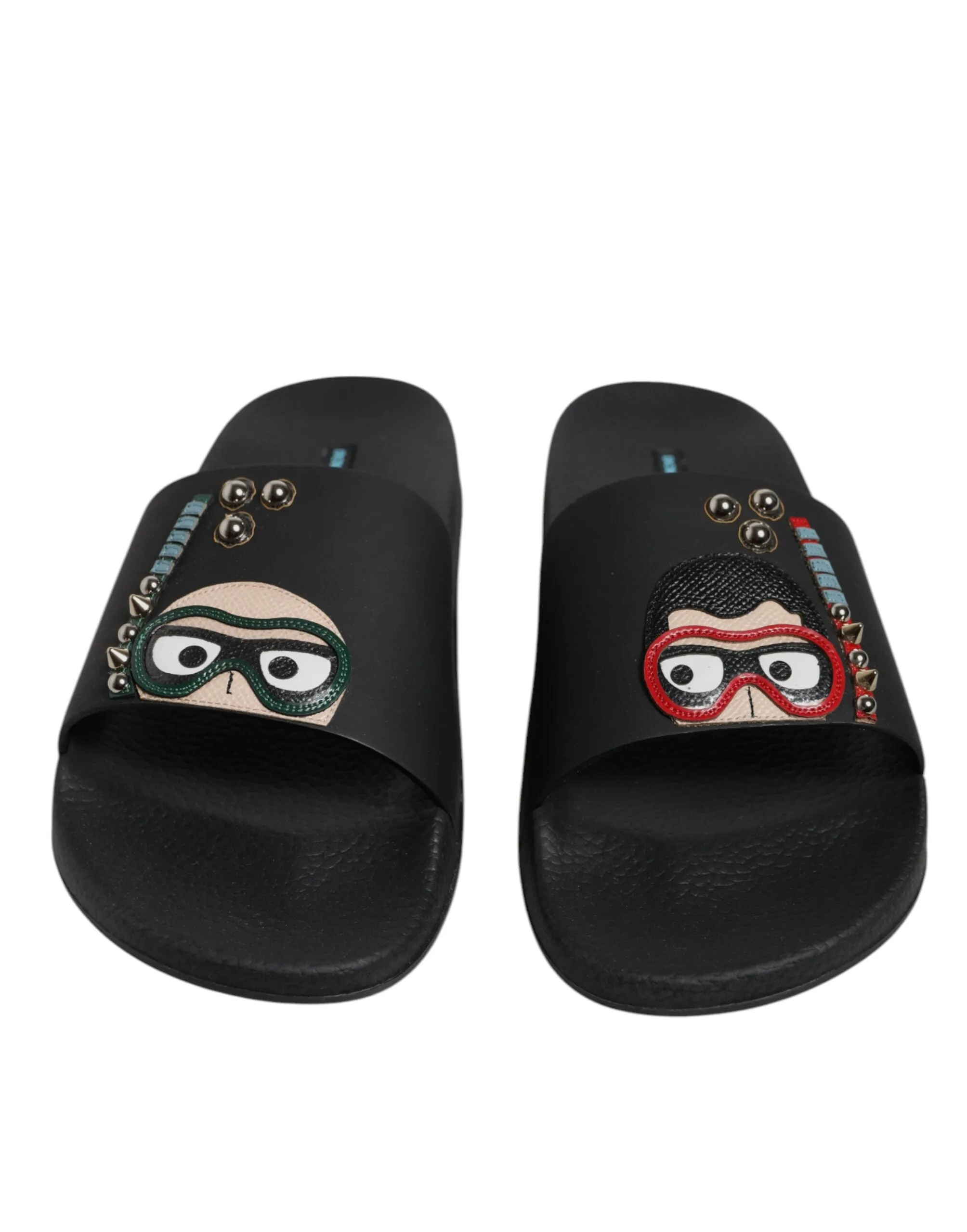 Dolce&Gabbana Men Black Sandals Leather Divers Print Flat Beachwear Slide Shoes