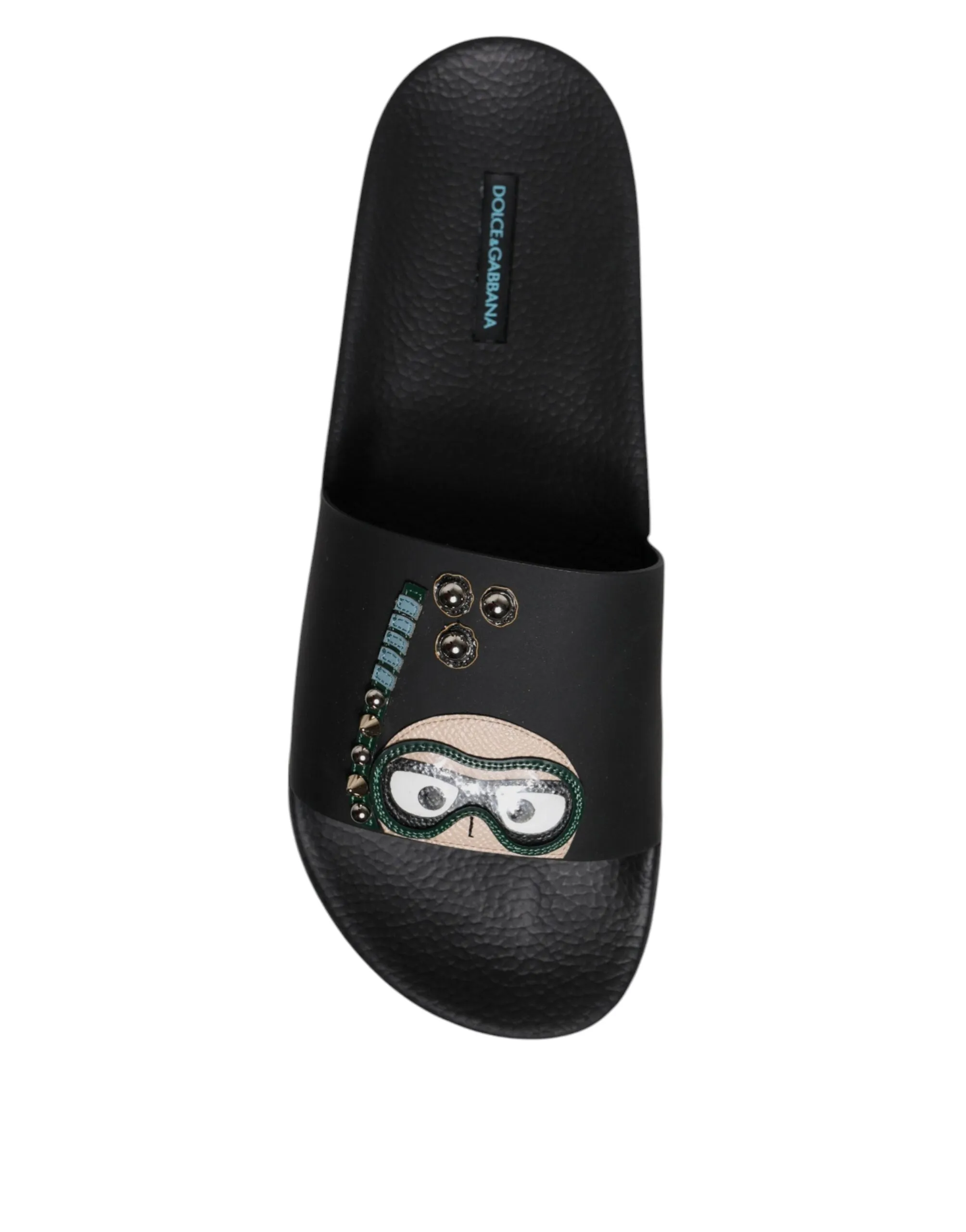 Dolce&Gabbana Men Black Sandals Leather Divers Print Flat Beachwear Slide Shoes