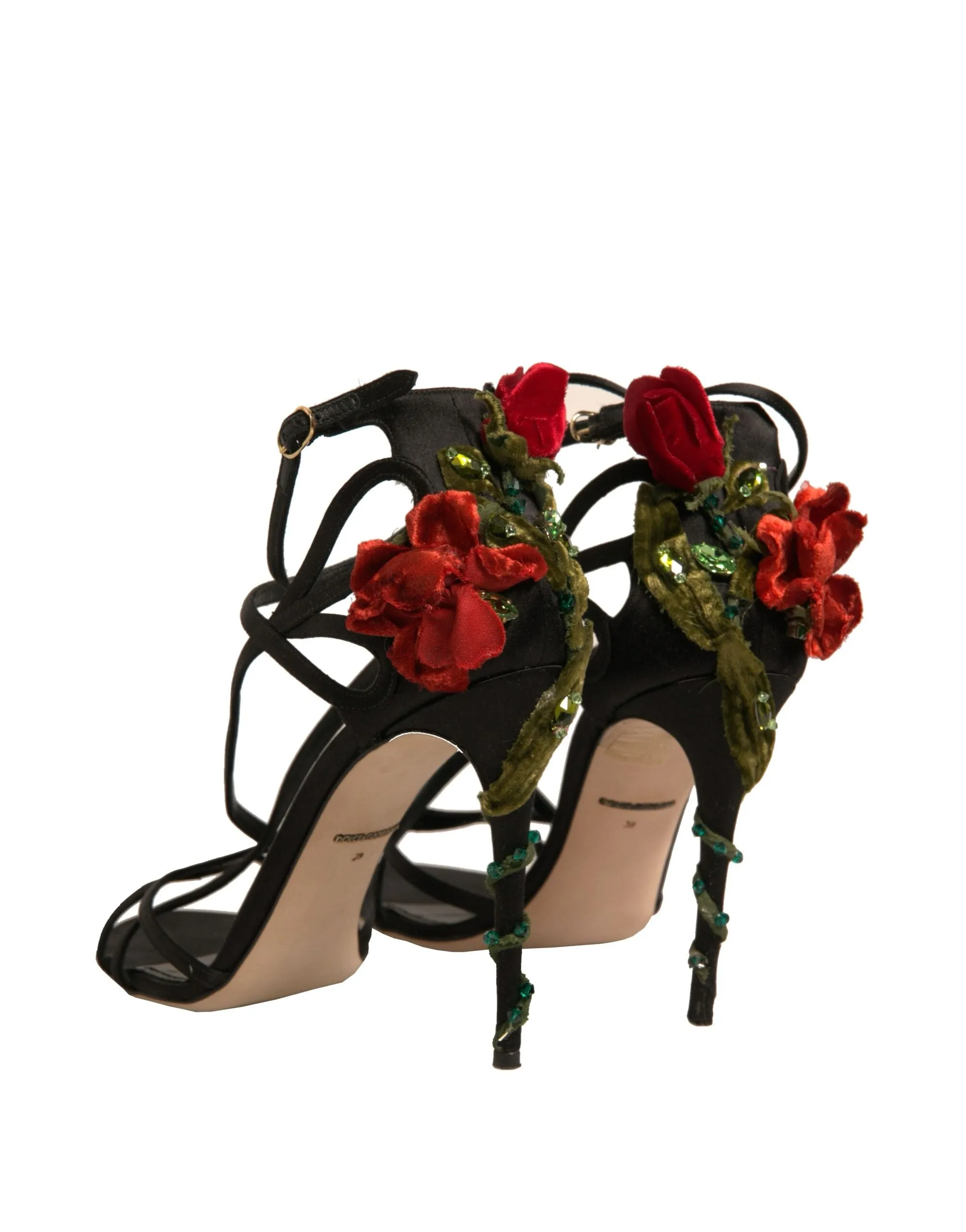 Dolce&Gabbana Women Black Sandals Viscose Floral High Heel Strappy Shoes EUR 39