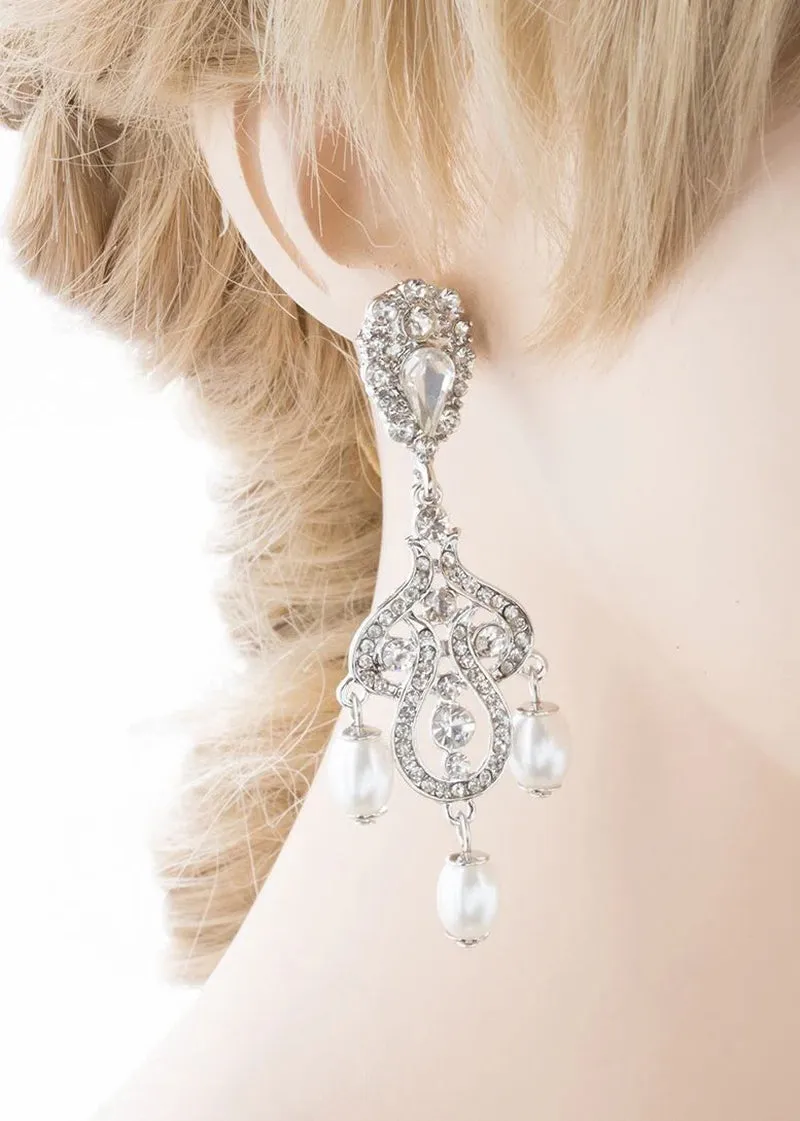 Elegant Vintage Bridal Dangle Earrings with Crystal Rhinestones and Pearls in White