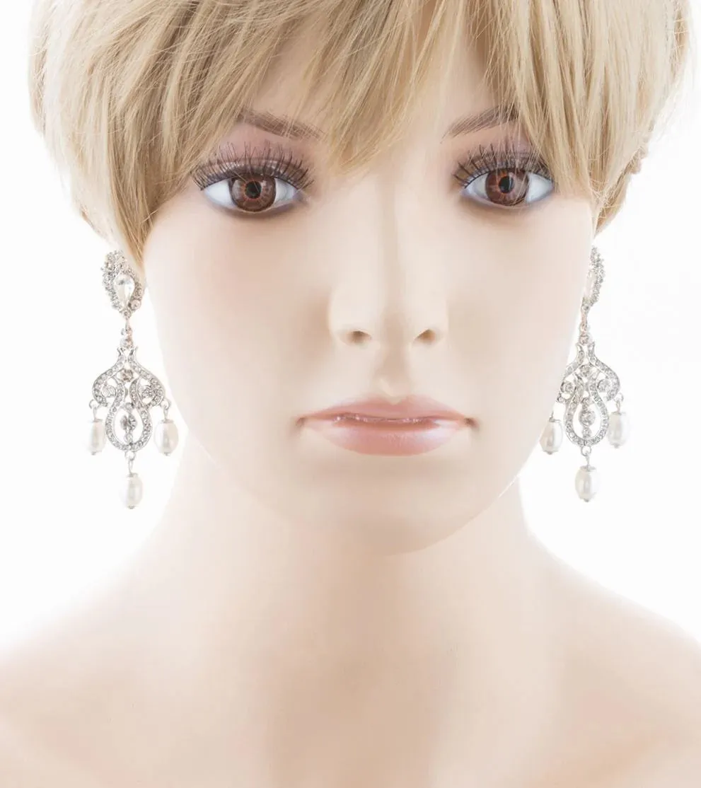 Elegant Vintage Bridal Dangle Earrings with Crystal Rhinestones and Pearls in White
