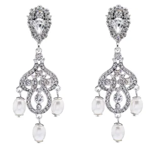Elegant Vintage Bridal Dangle Earrings with Crystal Rhinestones and Pearls in White