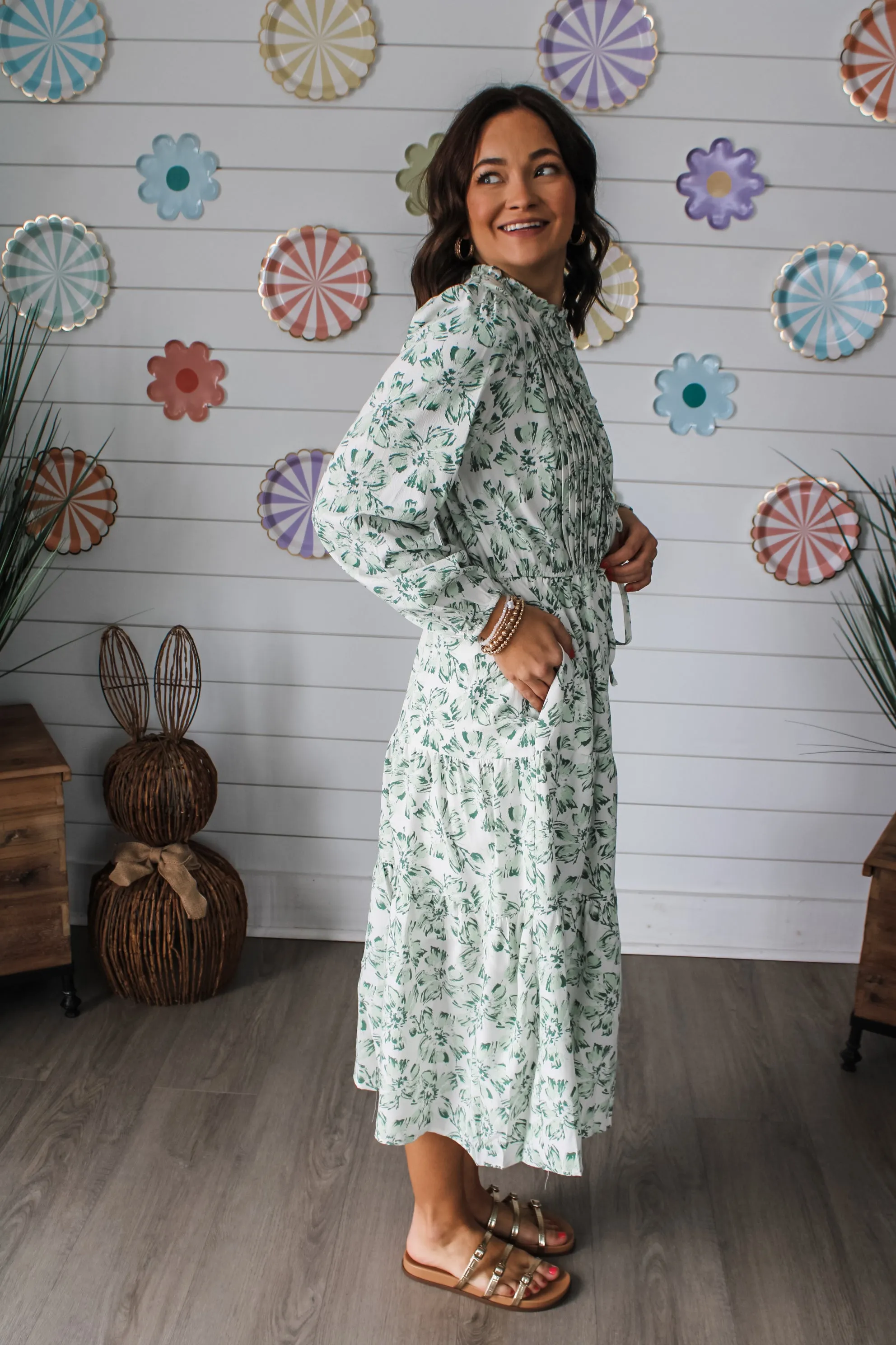 Emilia Pleated Floral Midi • Green