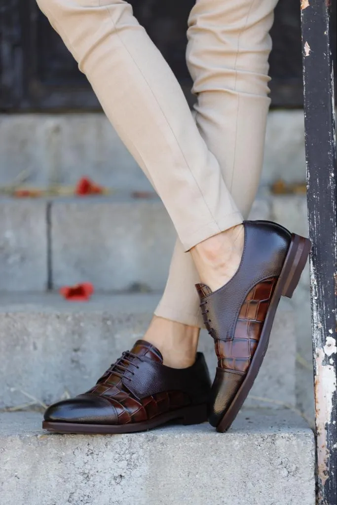 Empire Brown Cap Toe Crocodile Pattern Derby Shoes