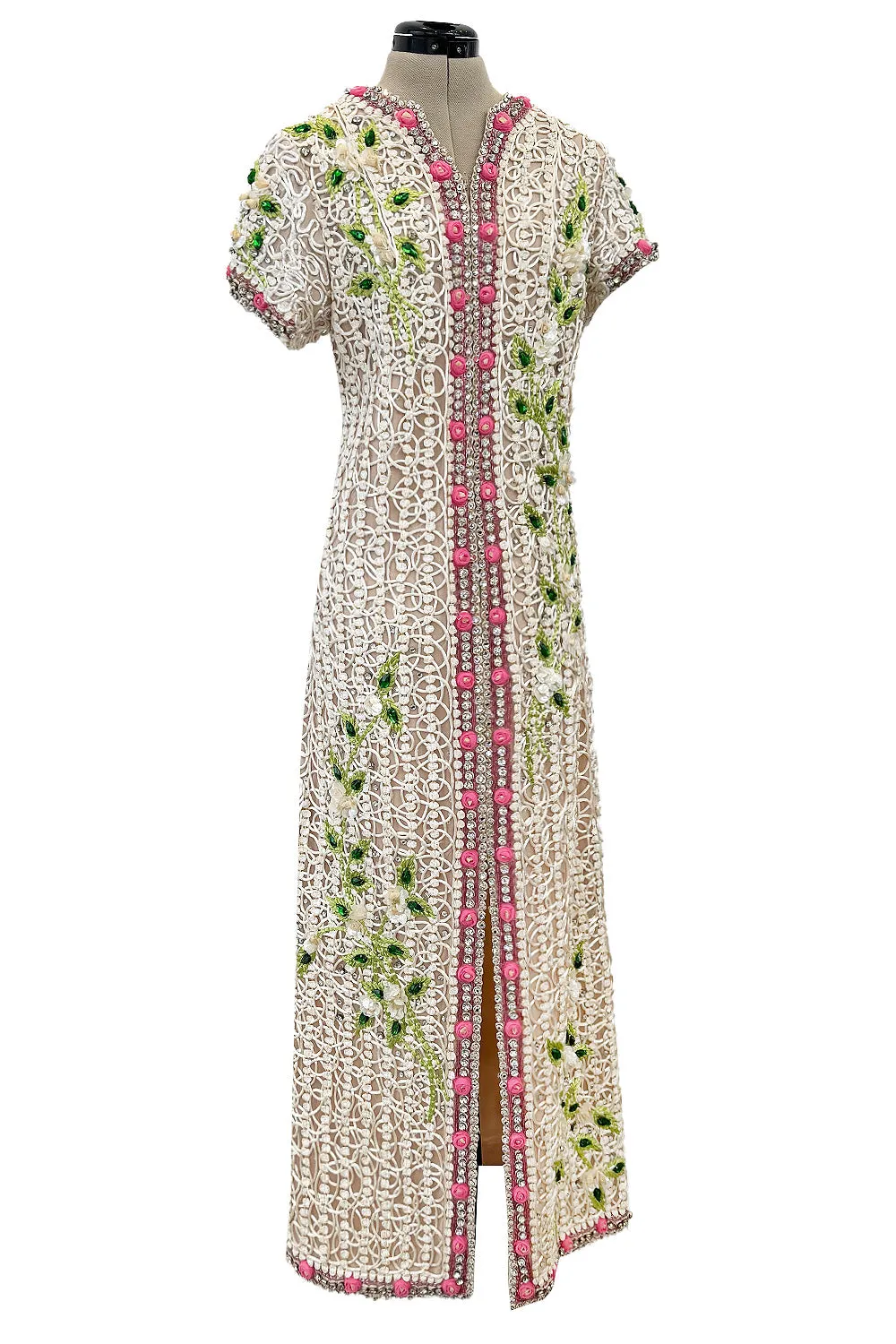 Exquisite 1960s Mr Blackwell One Off Highly Detailed & Embellished Ivory Sheath Dress