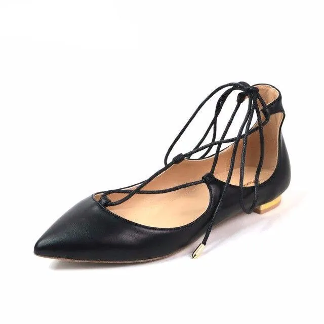 Fashion Lady Lace Up Pointes Shoes Women Handmade Leather Casual Soft Flats Woman Ballet Flat Shoe