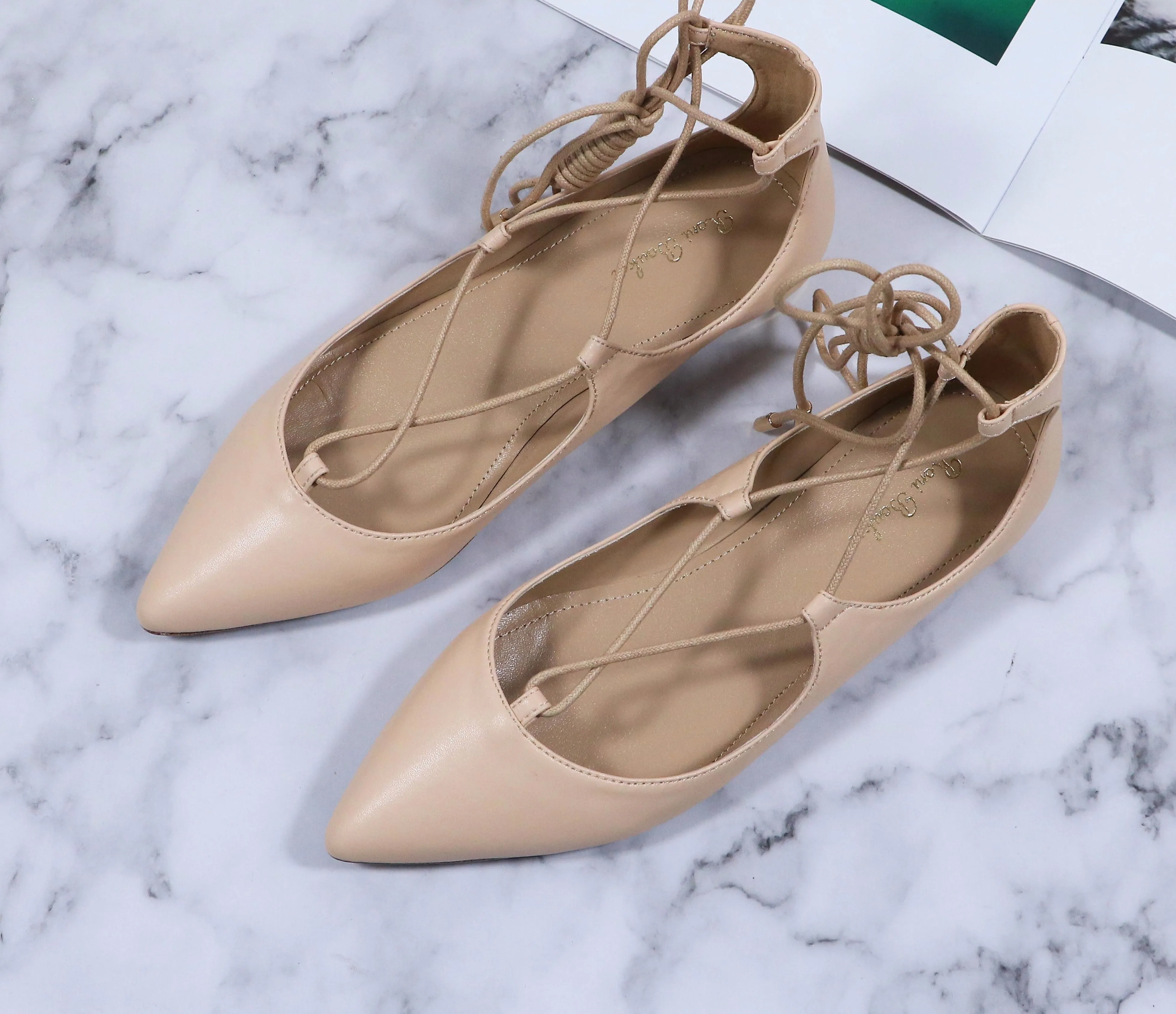 Fashion Lady Lace Up Pointes Shoes Women Handmade Leather Casual Soft Flats Woman Ballet Flat Shoe