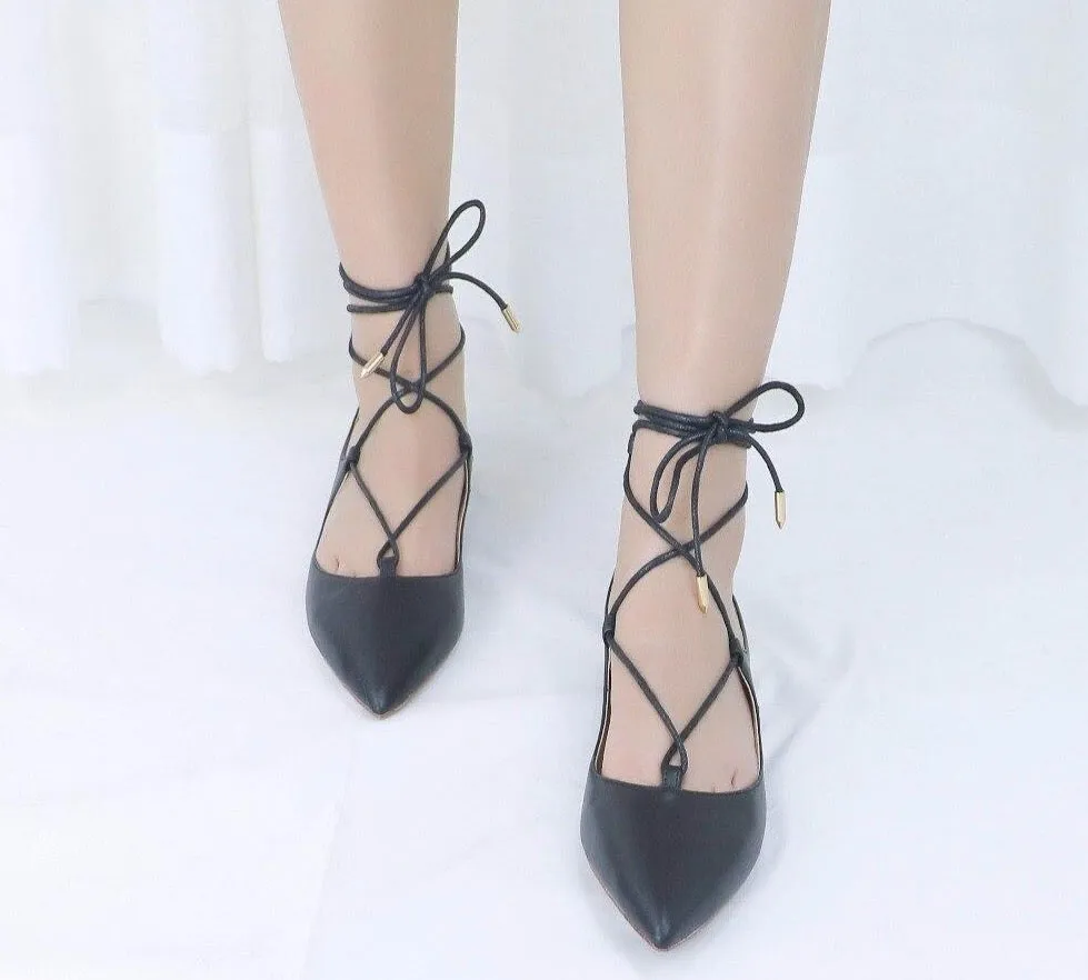 Fashion Lady Lace Up Pointes Shoes Women Handmade Leather Casual Soft Flats Woman Ballet Flat Shoe