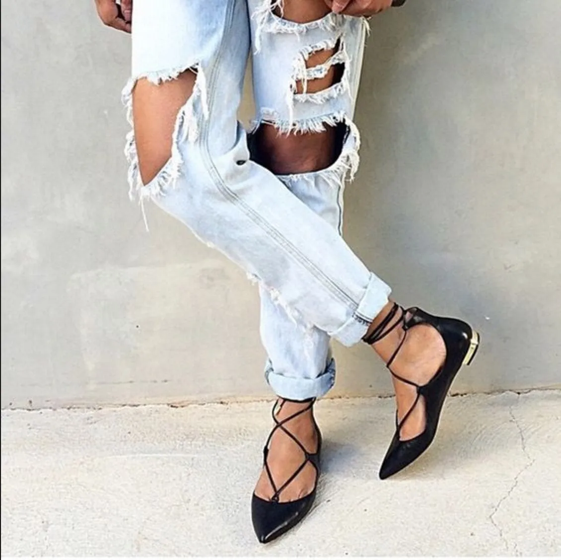 Fashion Lady Lace Up Pointes Shoes Women Handmade Leather Casual Soft Flats Woman Ballet Flat Shoe