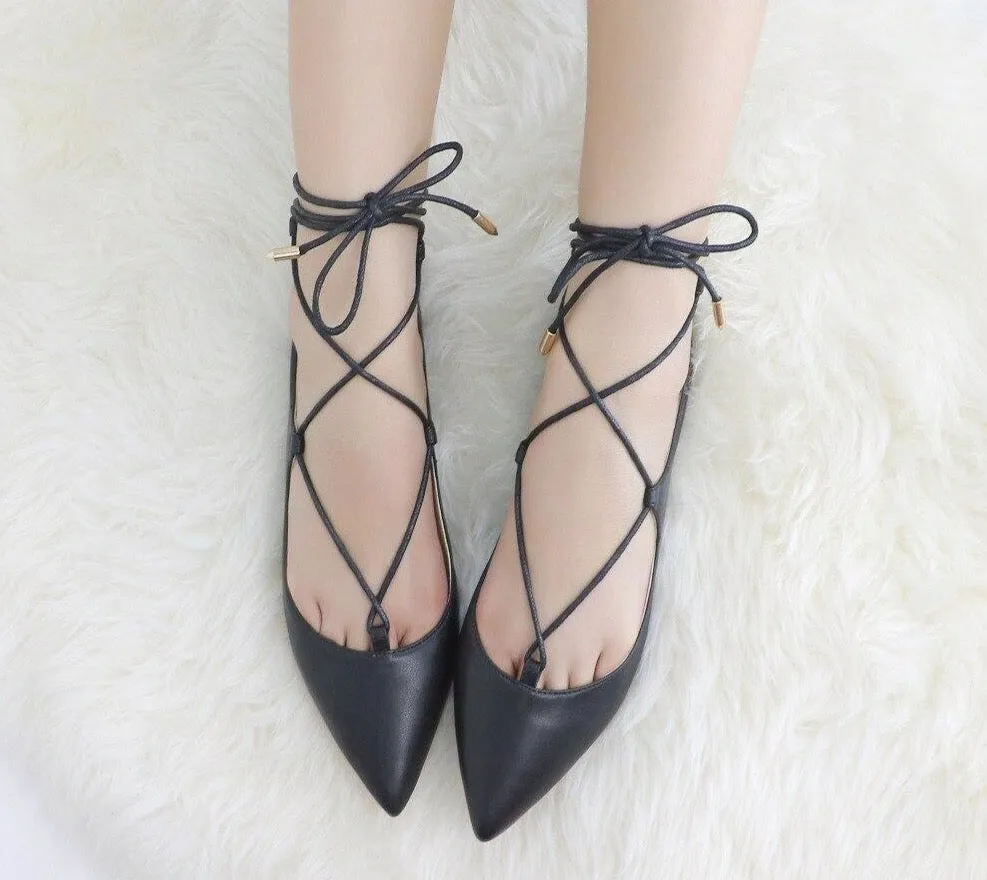 Fashion Lady Lace Up Pointes Shoes Women Handmade Leather Casual Soft Flats Woman Ballet Flat Shoe