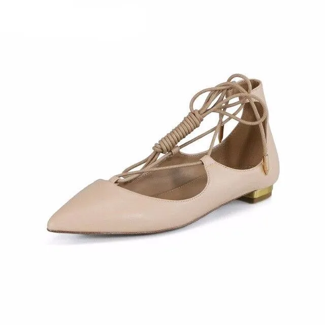 Fashion Lady Lace Up Pointes Shoes Women Handmade Leather Casual Soft Flats Woman Ballet Flat Shoe