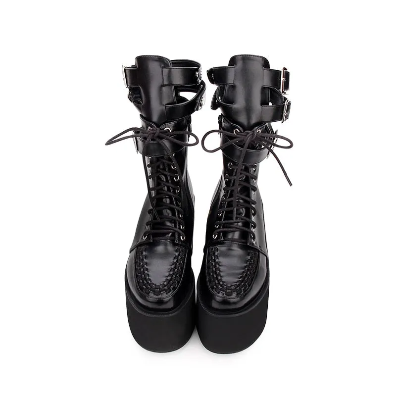 Fashion Spring Women High Heels Platform Shoes Dark Gothic Short Boots New College Muffin Shoes Female Thick Bottom Punk Boots