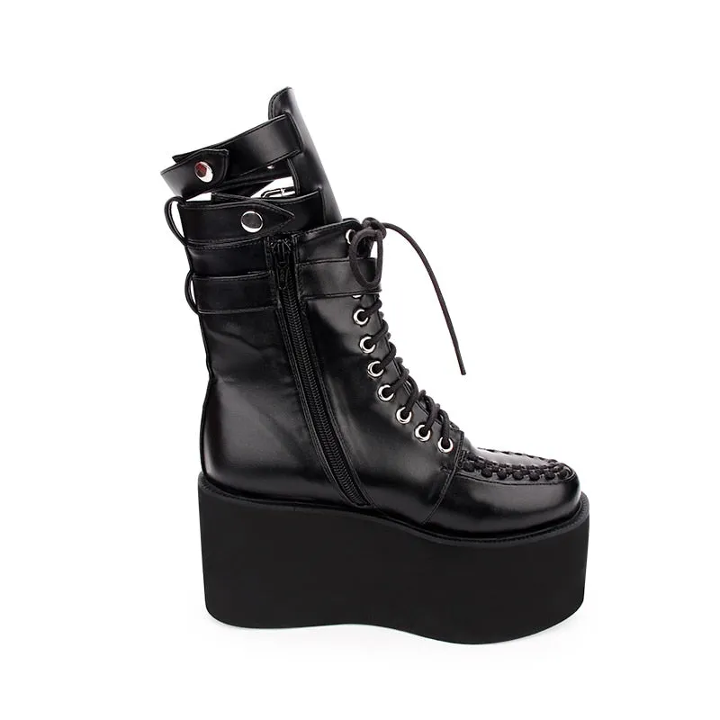 Fashion Spring Women High Heels Platform Shoes Dark Gothic Short Boots New College Muffin Shoes Female Thick Bottom Punk Boots