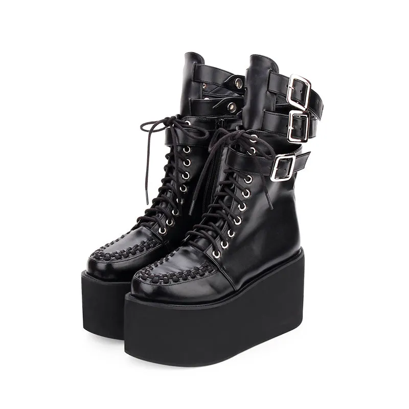 Fashion Spring Women High Heels Platform Shoes Dark Gothic Short Boots New College Muffin Shoes Female Thick Bottom Punk Boots