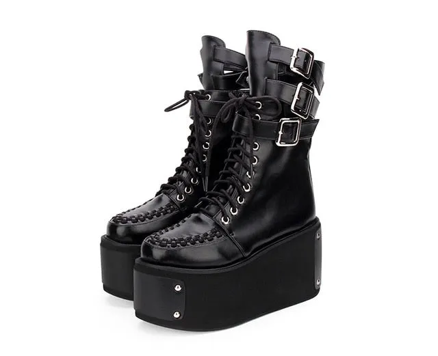 Fashion Spring Women High Heels Platform Shoes Dark Gothic Short Boots New College Muffin Shoes Female Thick Bottom Punk Boots