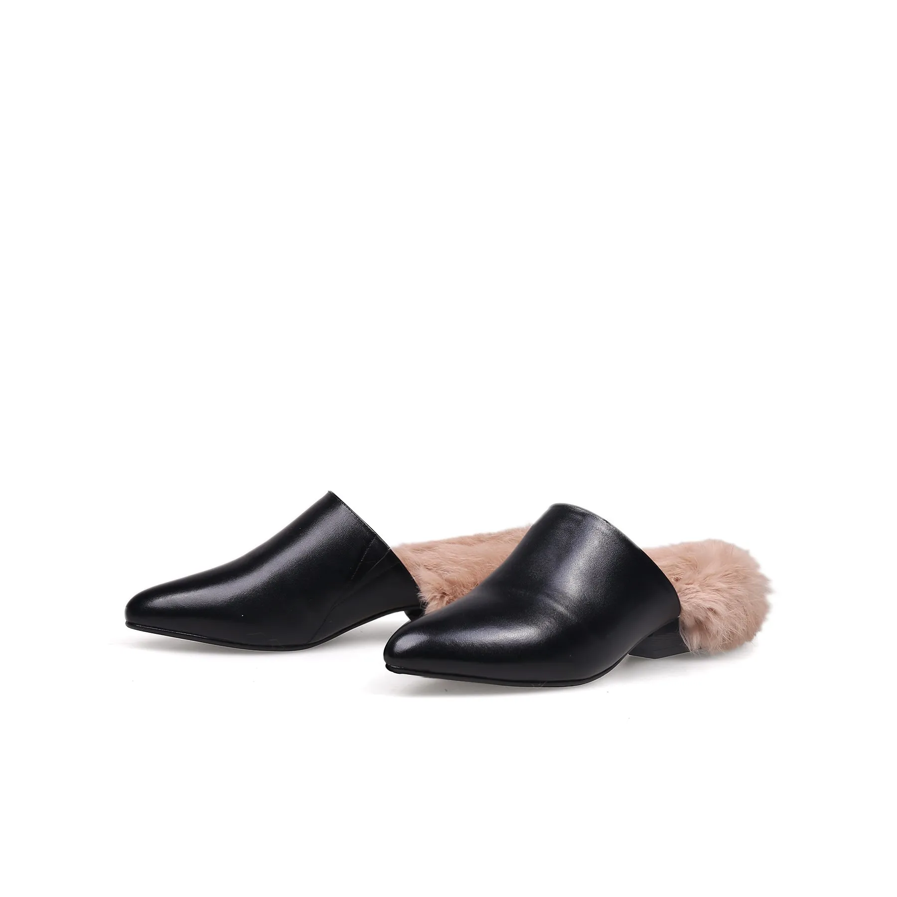 Faux Fur Lined Black Leather Flat Mule