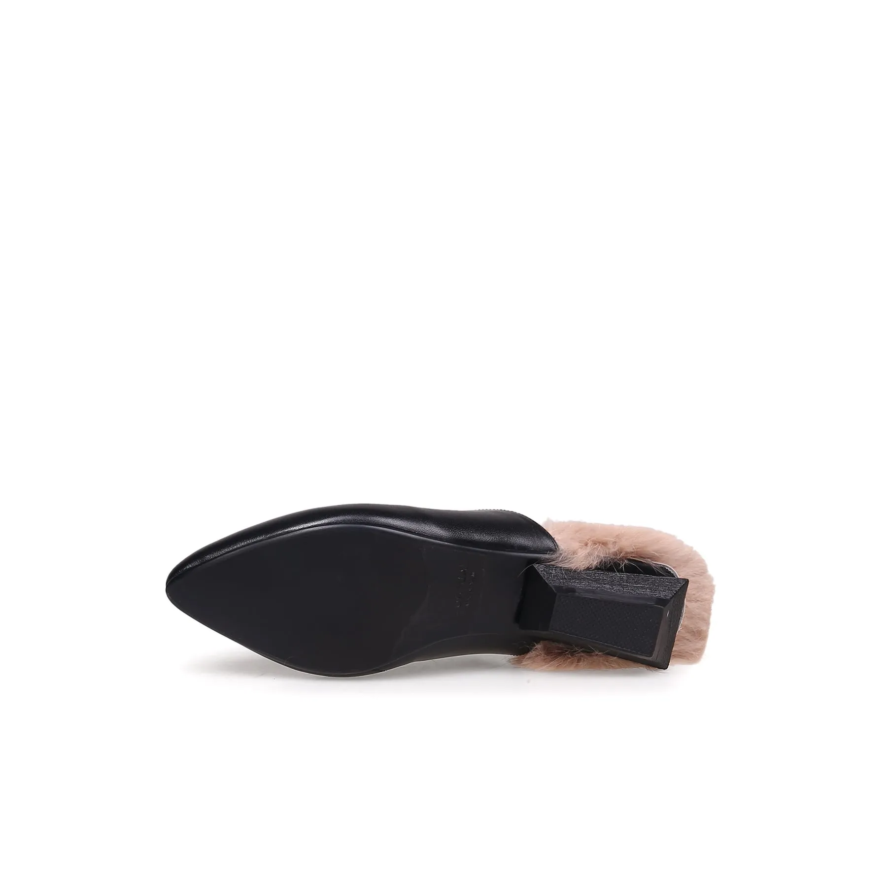Faux Fur Lined Black Leather Flat Mule