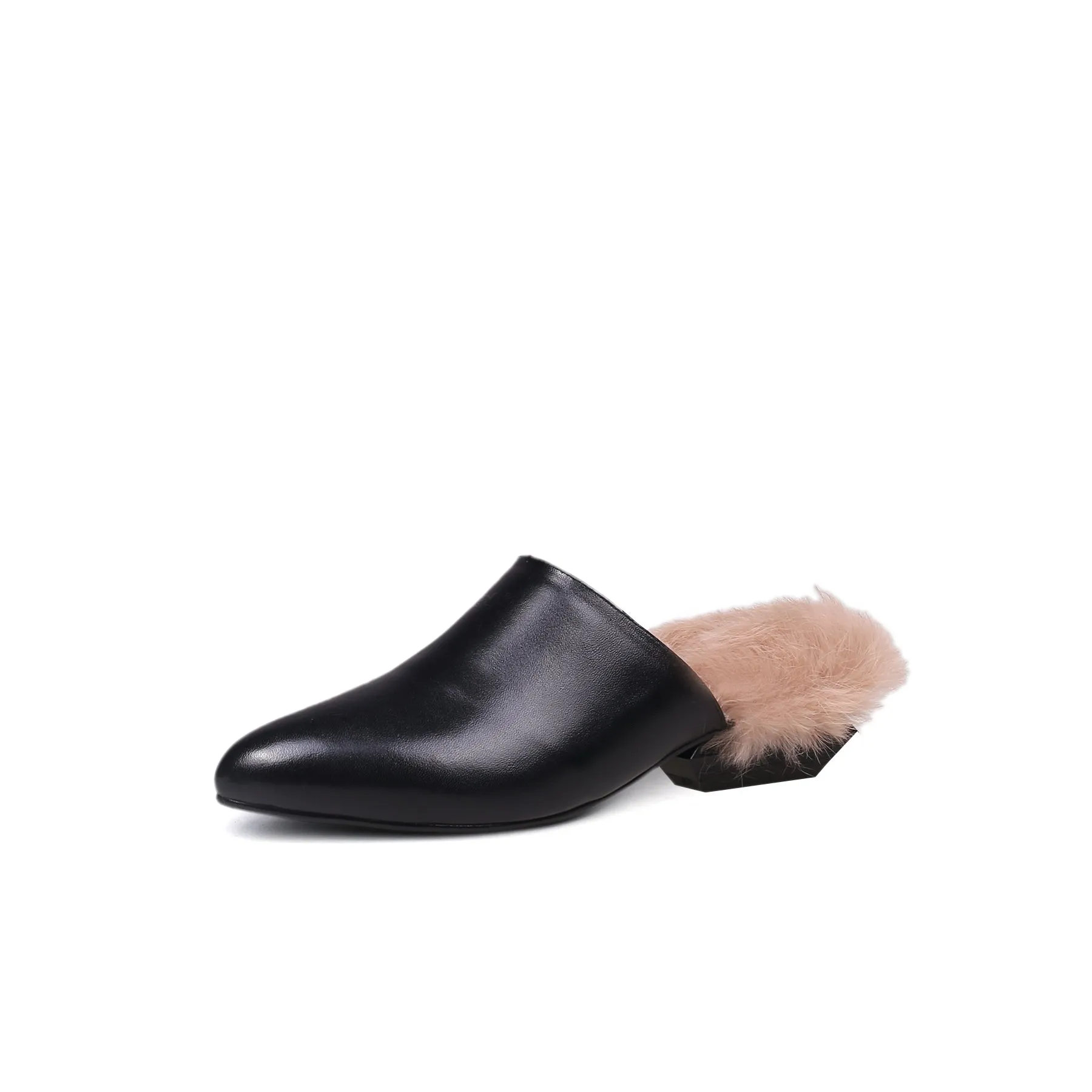 Faux Fur Lined Black Leather Flat Mule