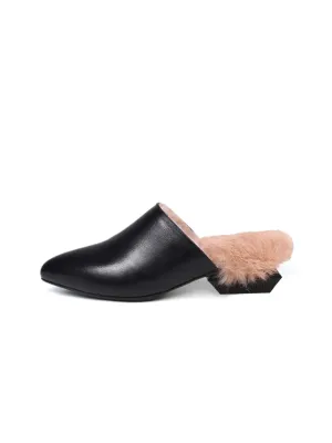 Faux Fur Lined Black Leather Flat Mule