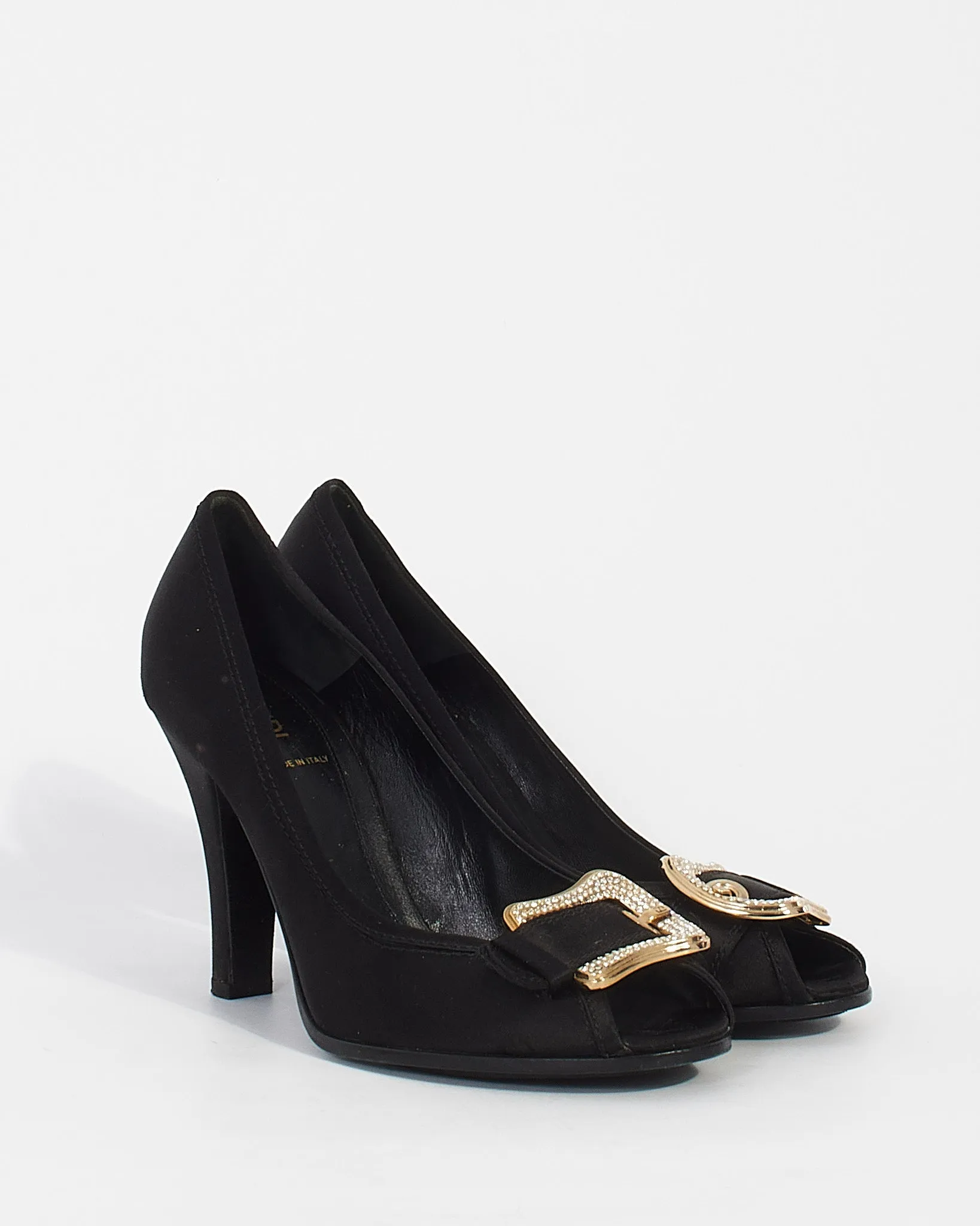 Fendi Black Satin with Rhinestone Buckle Peep Toe Pumps - 39