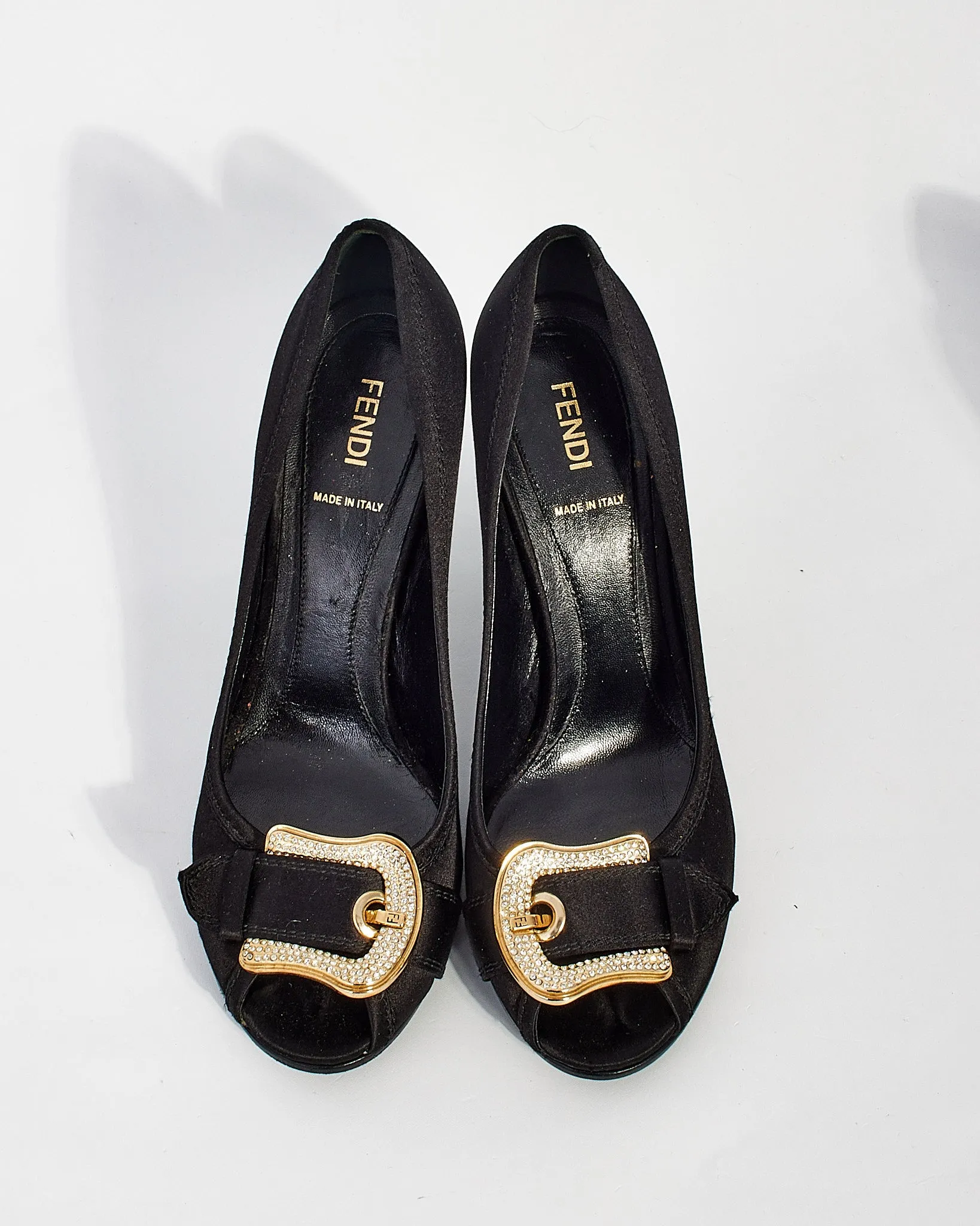 Fendi Black Satin with Rhinestone Buckle Peep Toe Pumps - 39