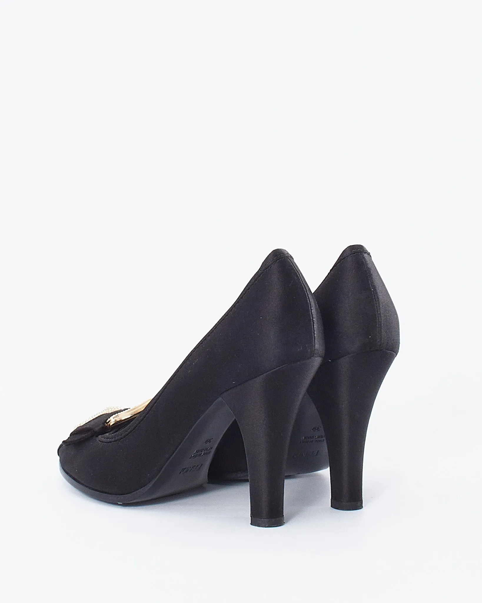 Fendi Black Satin with Rhinestone Buckle Peep Toe Pumps - 39