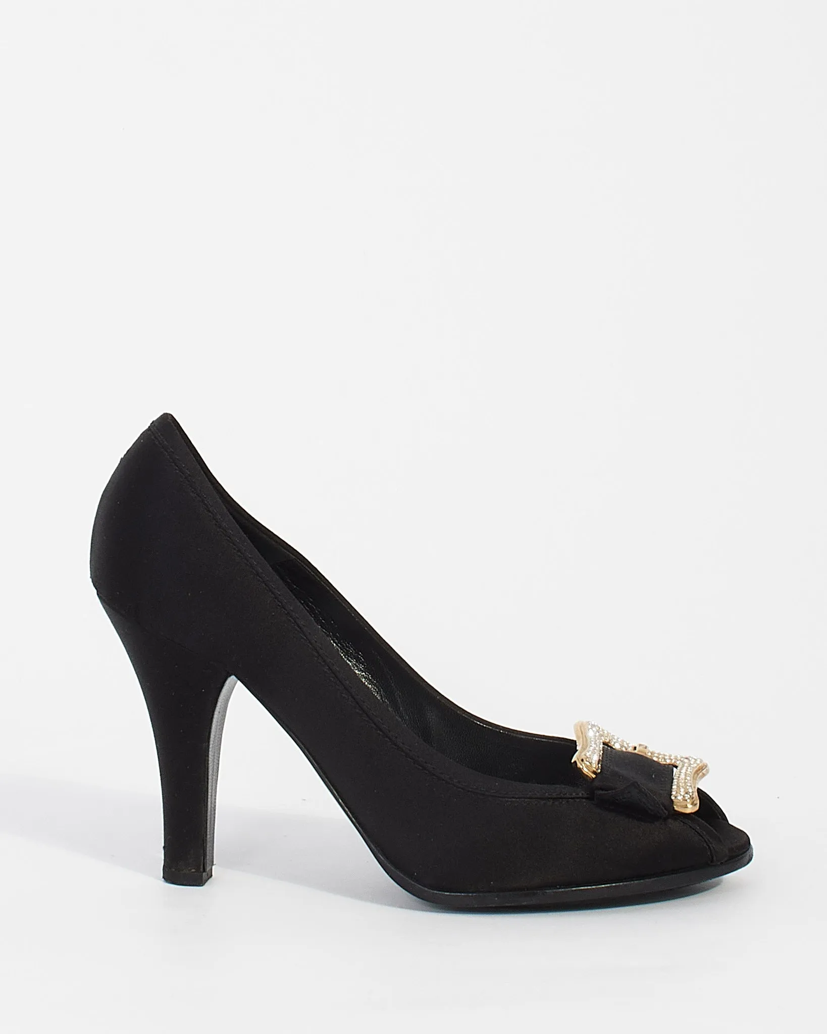 Fendi Black Satin with Rhinestone Buckle Peep Toe Pumps - 39