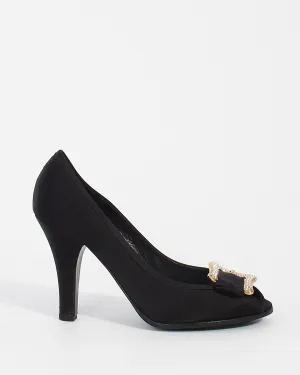 Fendi Black Satin with Rhinestone Buckle Peep Toe Pumps - 39