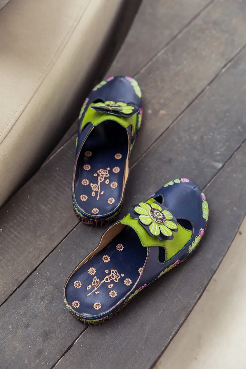 Floral Appliqued Cut-Out Leather Sandal - Navy