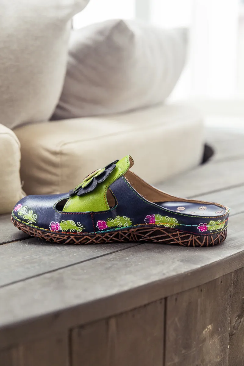Floral Appliqued Cut-Out Leather Sandal - Navy